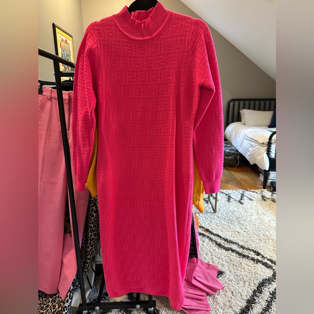 Fendi Hot Pink Logo Knit Sweater Dress